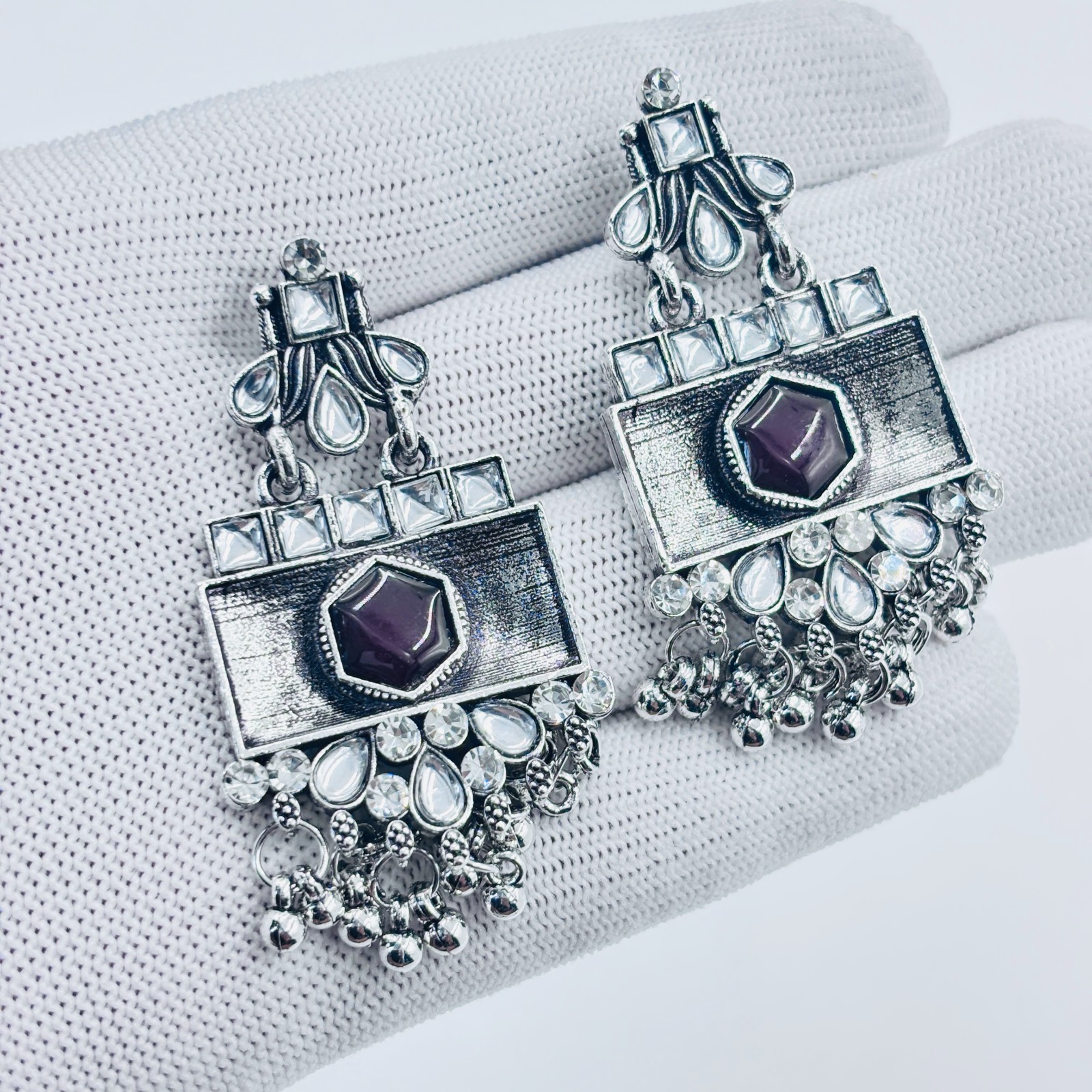 Oxidized Silver Plated Statement Dangle Earrings with Artificial Stones jewelry