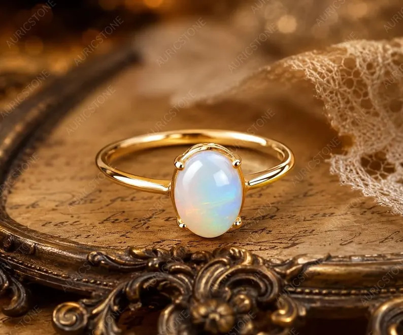 Lab Created White Opal Ring, Base Metal: Brass Finish: Gold Plated Gift For Her
