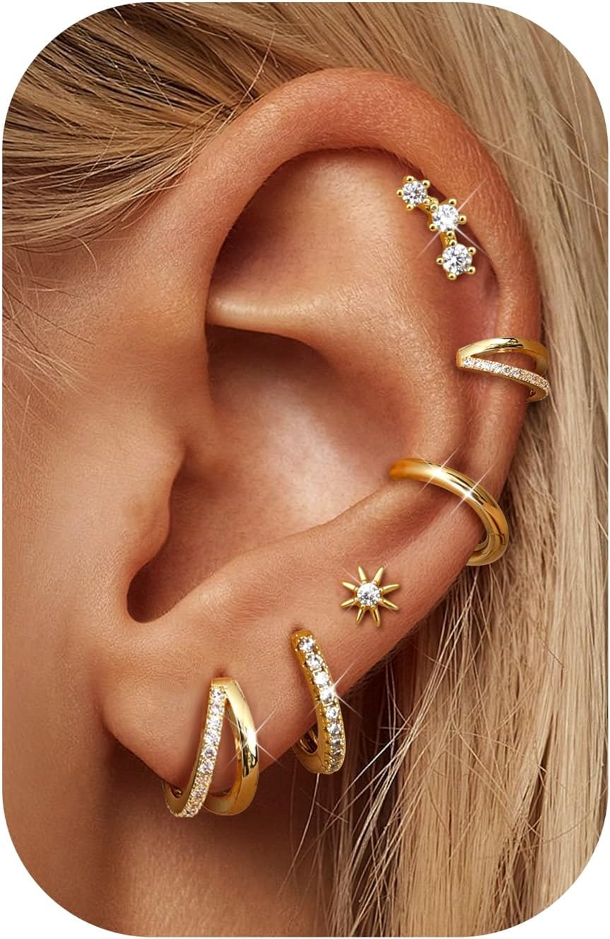 6 Pairs 14K Gold Plated Small Hoop Earrings for Women, Hypoallergenic Silver Sta