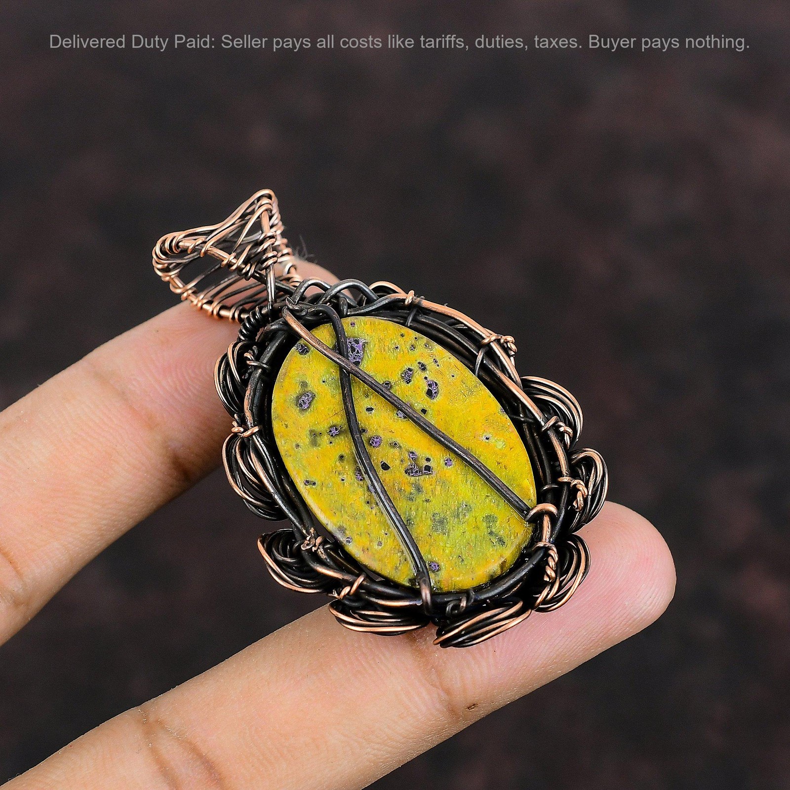 Oval Stichtite Stone Copper Ethnic Wire Wrapped Flower Birthday Pendant Jewelry