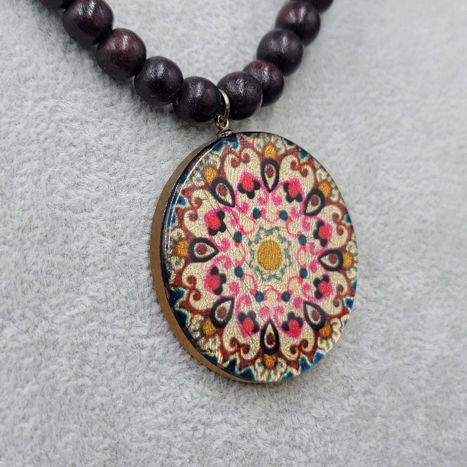 Wood Bead Necklace Mandala Round Pendant 30 in