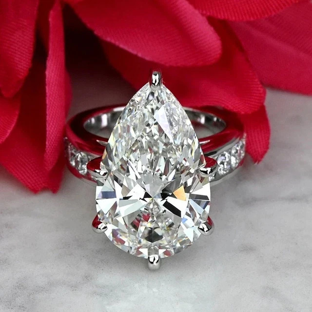 5 Ct Pear Cut Real Moissanite Solitaire Engagement Ring In 14K White Gold Plated