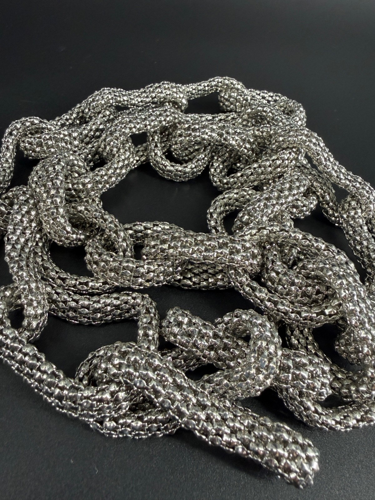 Silver Tone Mesh Chain Link Necklace Chunky Bold Statement 44″ 2010s