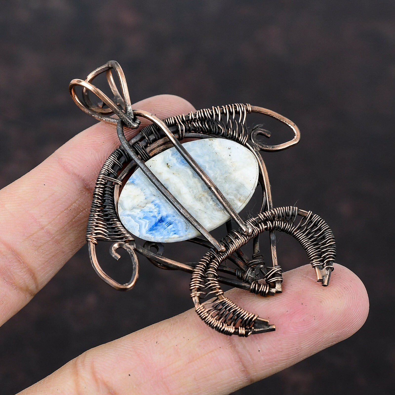 Blue Scheelite Wire Wrapped Tortoise Handcrafted Copper Valentine Gift 2.64″
