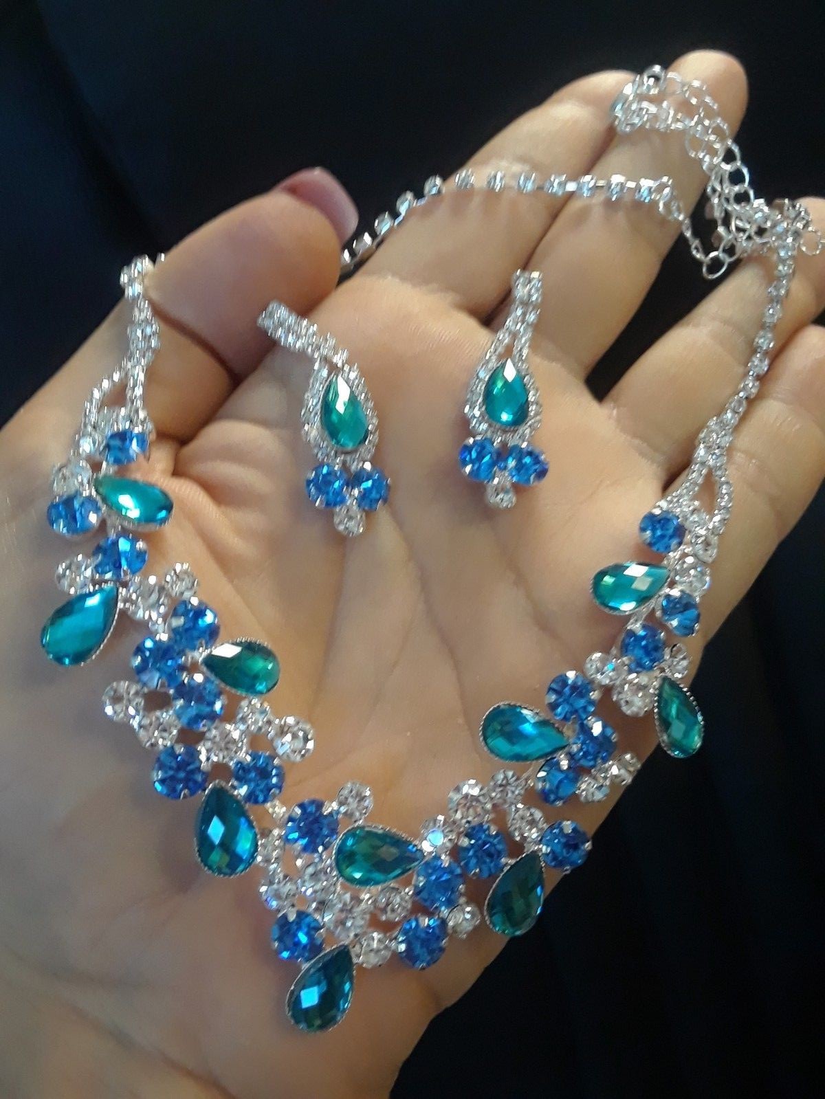 Silver Chain Teardrop Wedding Bridal Crystal Rhinestone Necklace Earrings Leaves