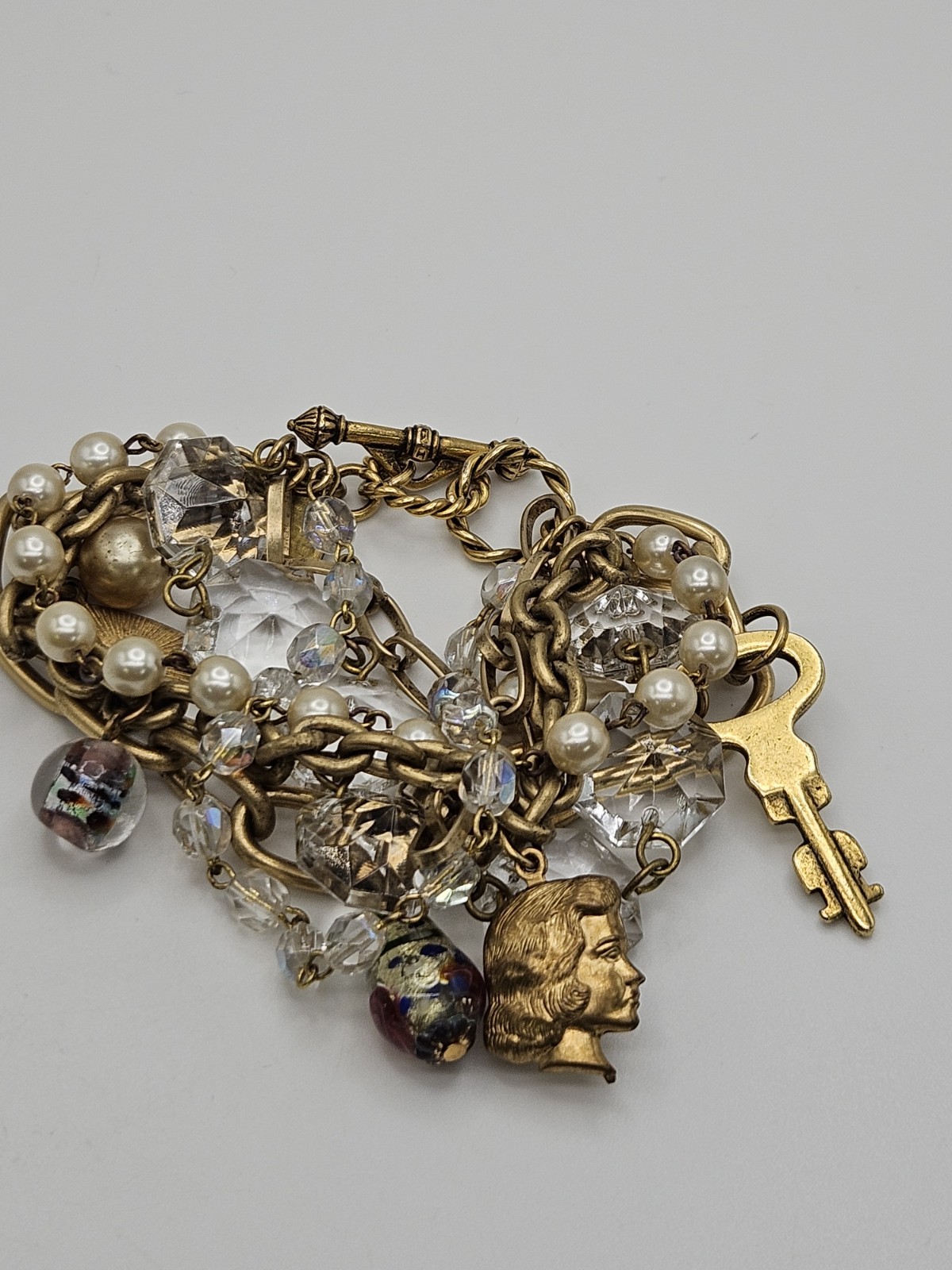 John Wind Chunky Charm Bracelet Multi Strand Faux Pearl Clear Crystal Art Glass