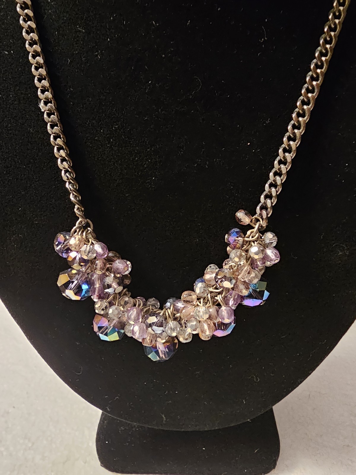 Silver Tone Curb Link Chain Necklace Purple & Clear Crystal Glass Cluster