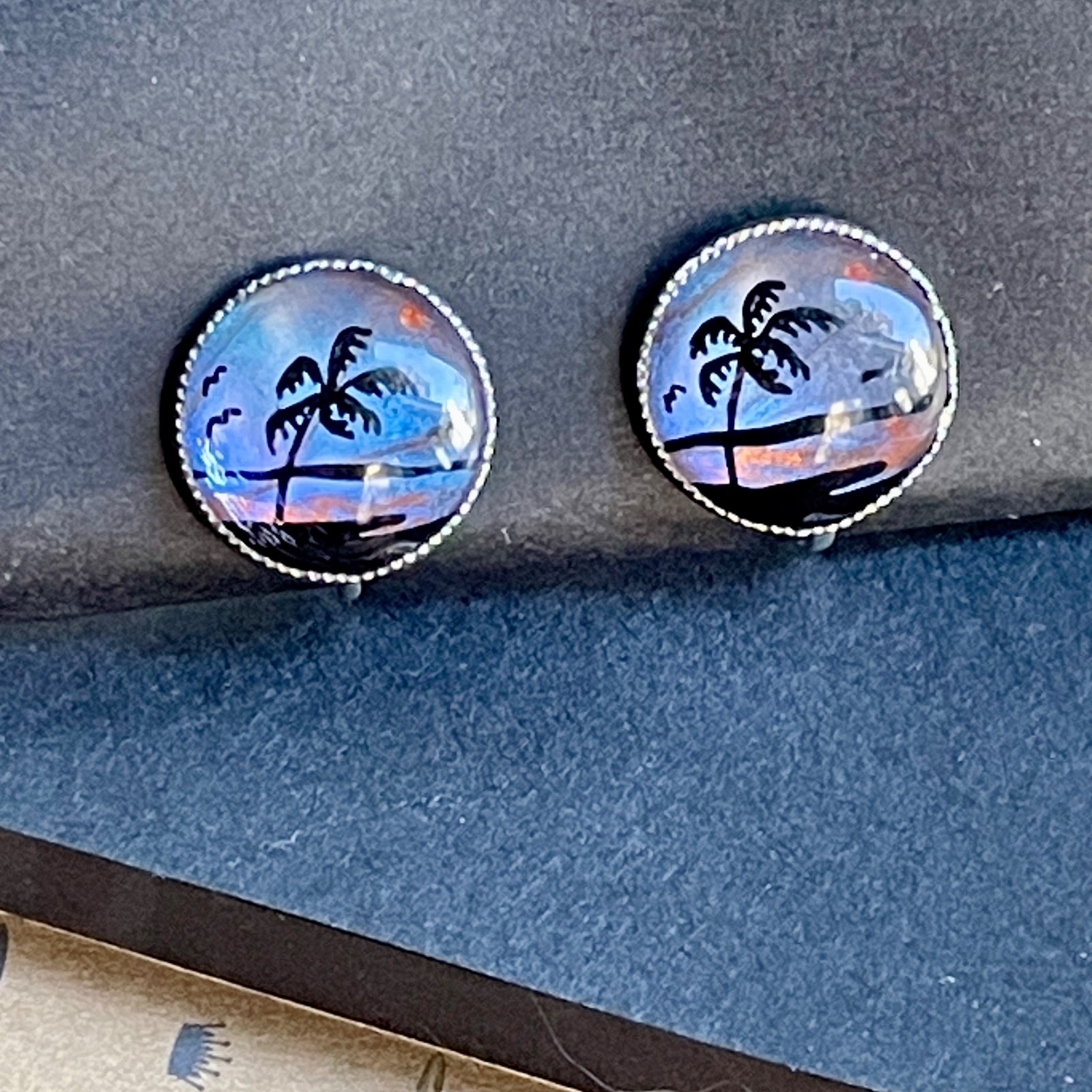 Palm Tree Beach Butterfly Midnight Sunset Clear Dome Screw Back Silver Earrings