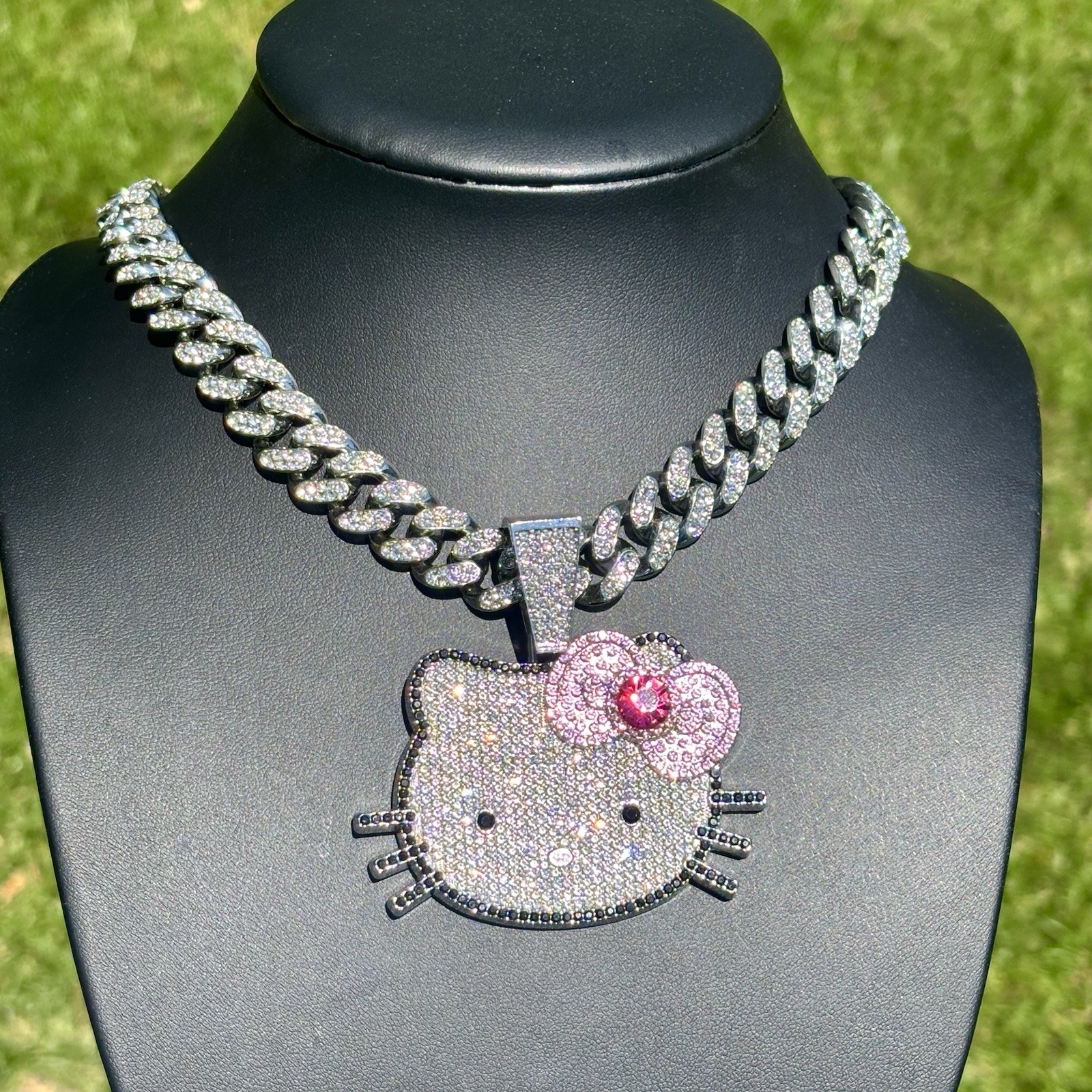 Hello Kitty Pendant / Iced out Cuban Link Chain Necklace White Gold Plated