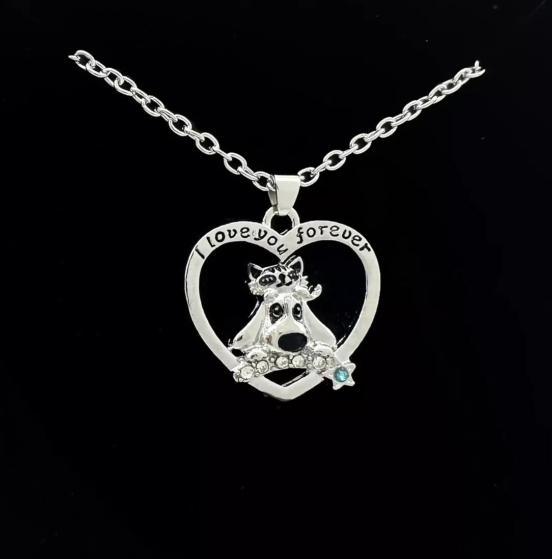 I Love You Forever Heart Shaped Dog Cat Rhinestone Pendant Necklace Silver Toned
