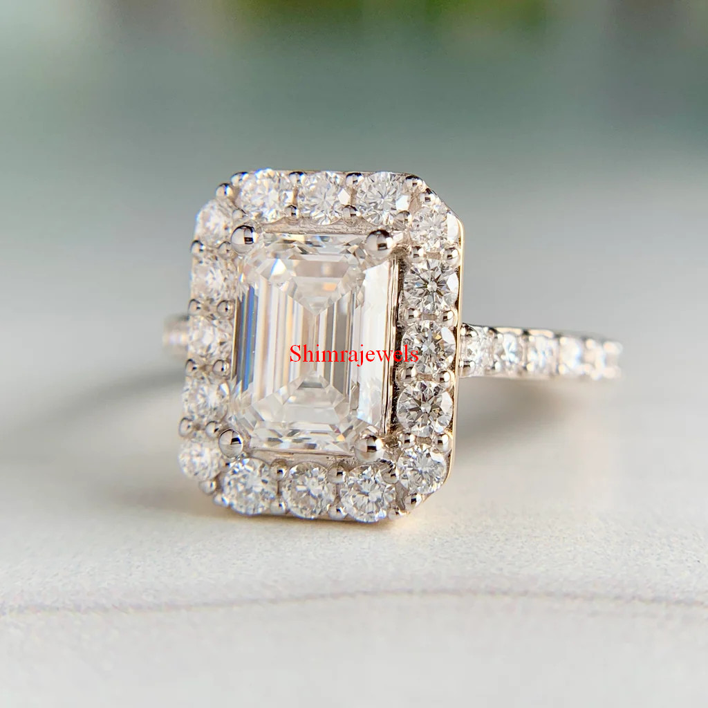 Emerald Cut Moissanite With 18k Gold Plated Silver Women’s Halo Ring #3