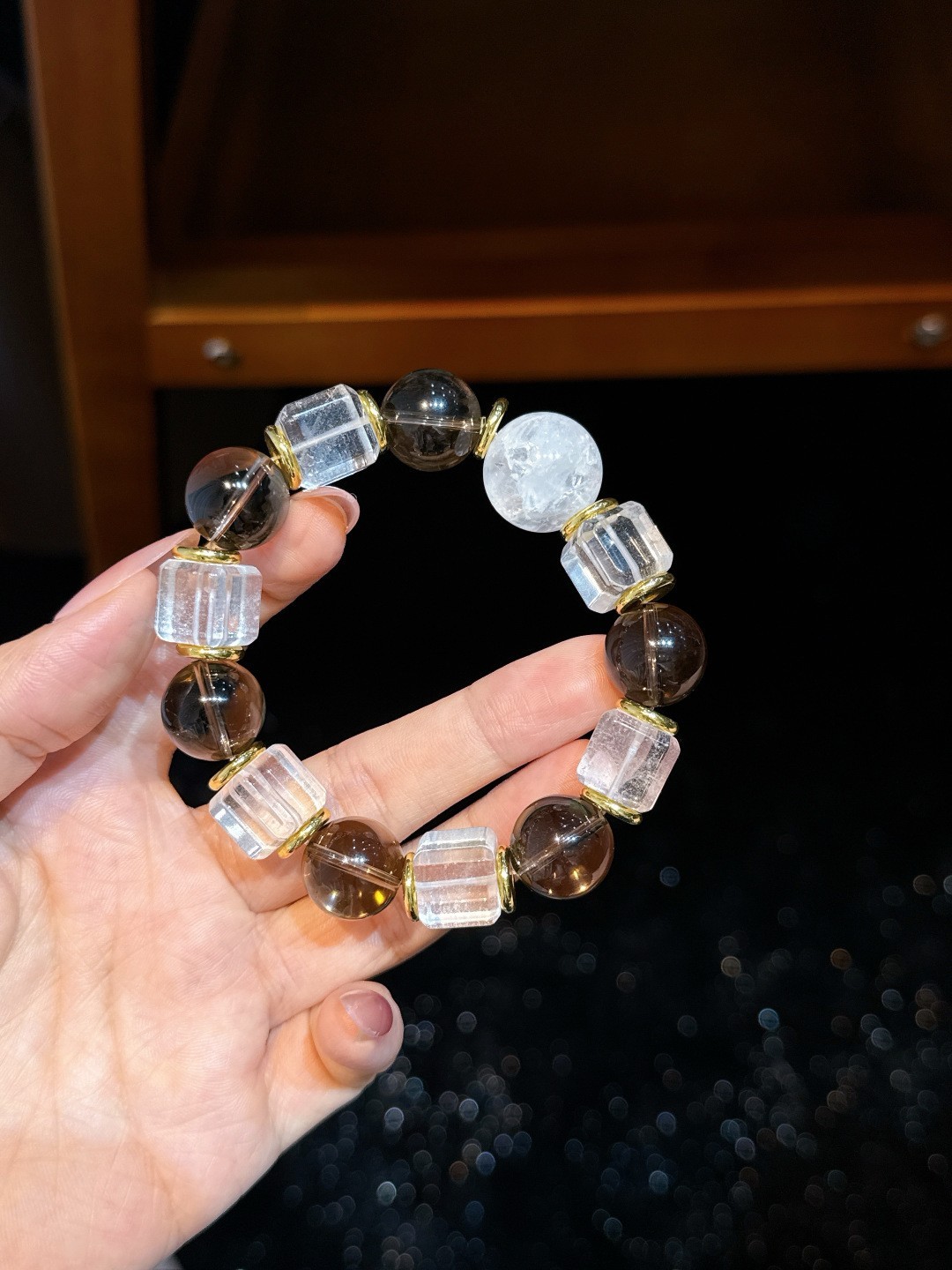 Natural White Crystal Snowflake Phantom 15mm Beaded Stretch Bracelet Gift