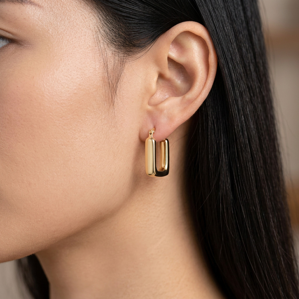 14K Yellow Gold Square Hoop Earrings High Polish Snap Post