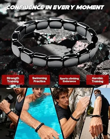 **Natural Black Hematite Beaded Bracelet for Men – Healing Stone Wristband for C