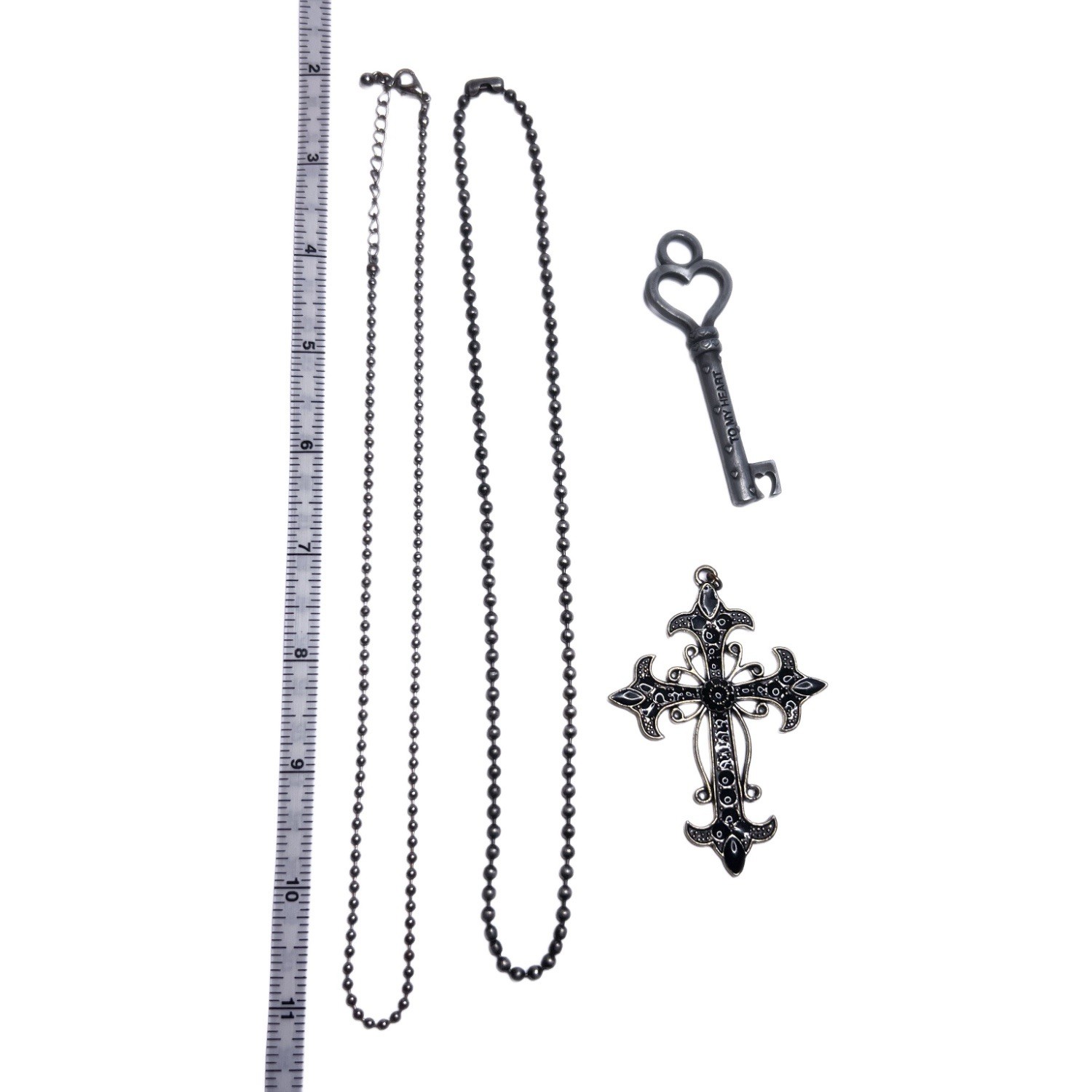 Gothic Cross & Key “To My Heart” Necklace Lot Black Silver Tone Jewelry Lot