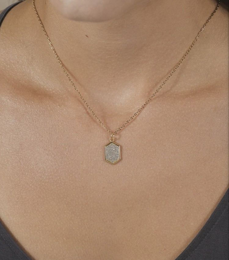 Sterling Yellow CZ Hexagon Pavé Pendant Necklace Size 16in and 2in Extension.