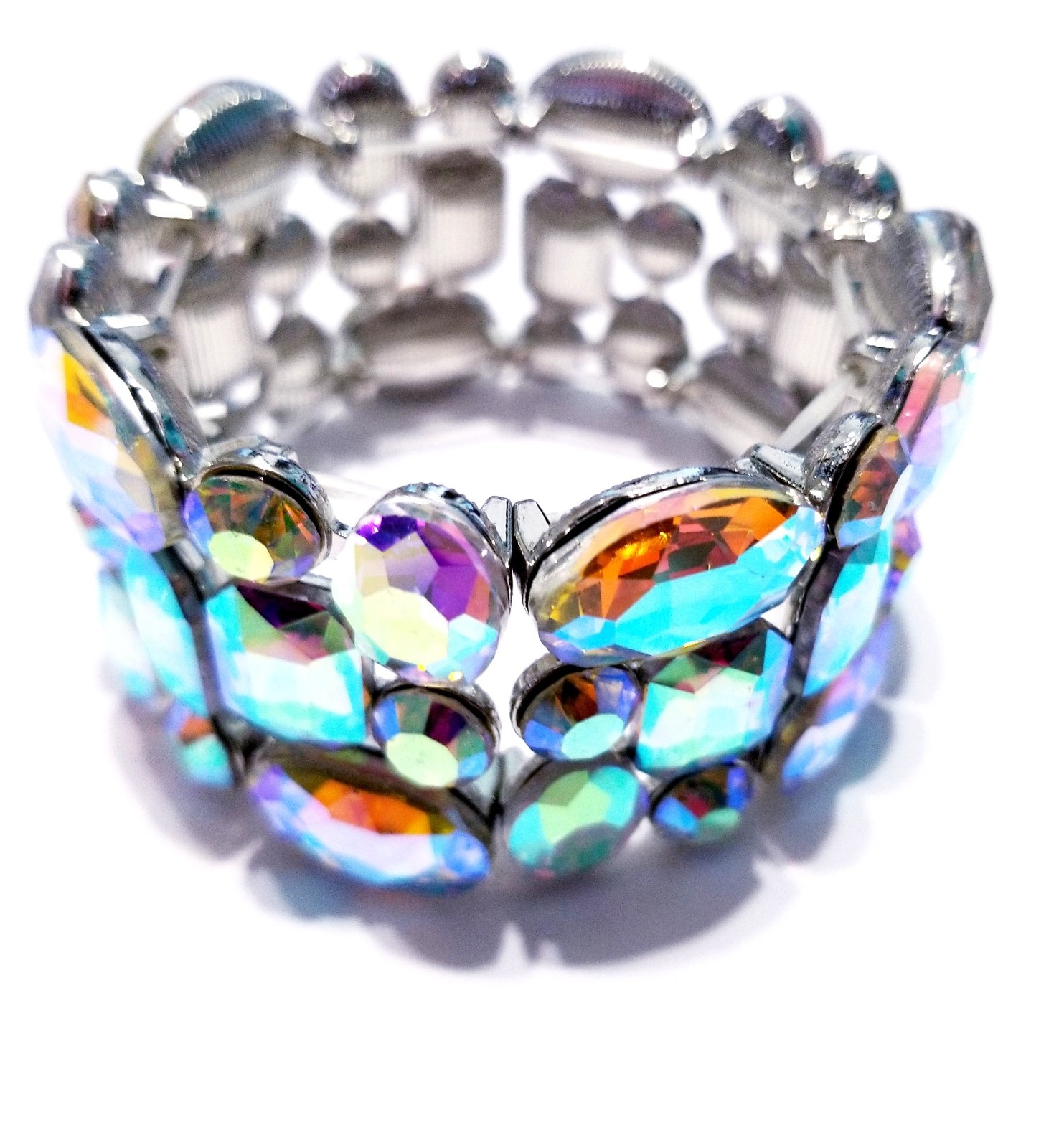 Iridescent Silver Rhinestone Stretch Bracelet Statement Drag Pageant Prom Bridal