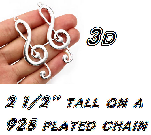 BIG 3D MUSIC NOTE TREBLE CLEF Pendant on 925 Plated Sterling Silver 22″ Chain