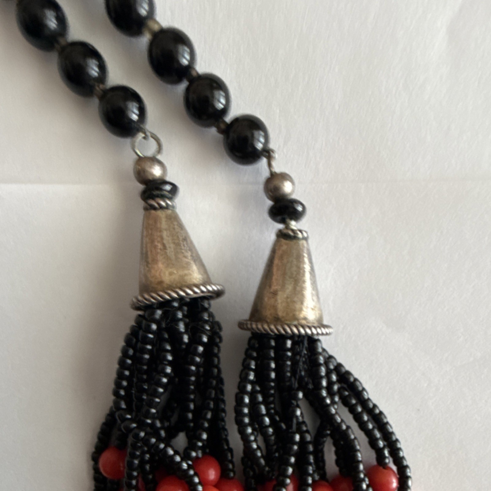 Black Red Coral Beaded Multi-Strand Necklace 925 Lobster Clasp