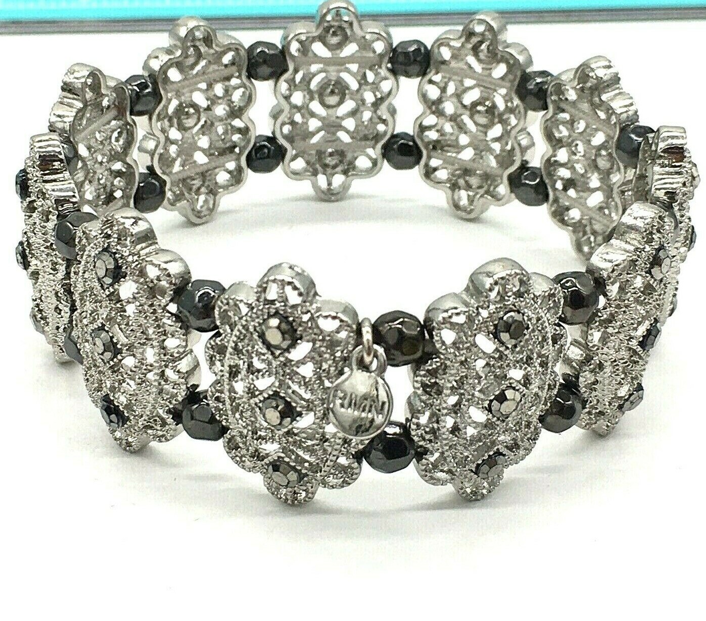 Roman Silver Tone Beaded Panel Stretch Necklace