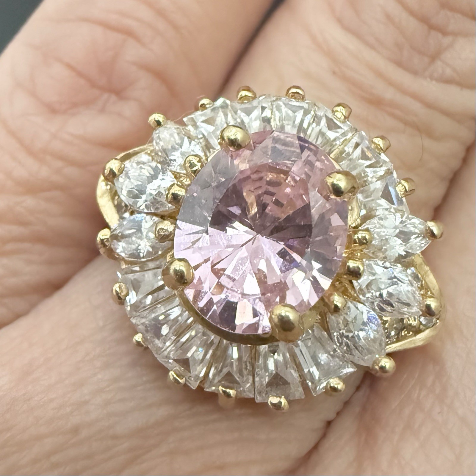 Vintage 925 Gold Over Sterling Pink Oval CZ Flower Cocktail Ring Size 8.5 7g.