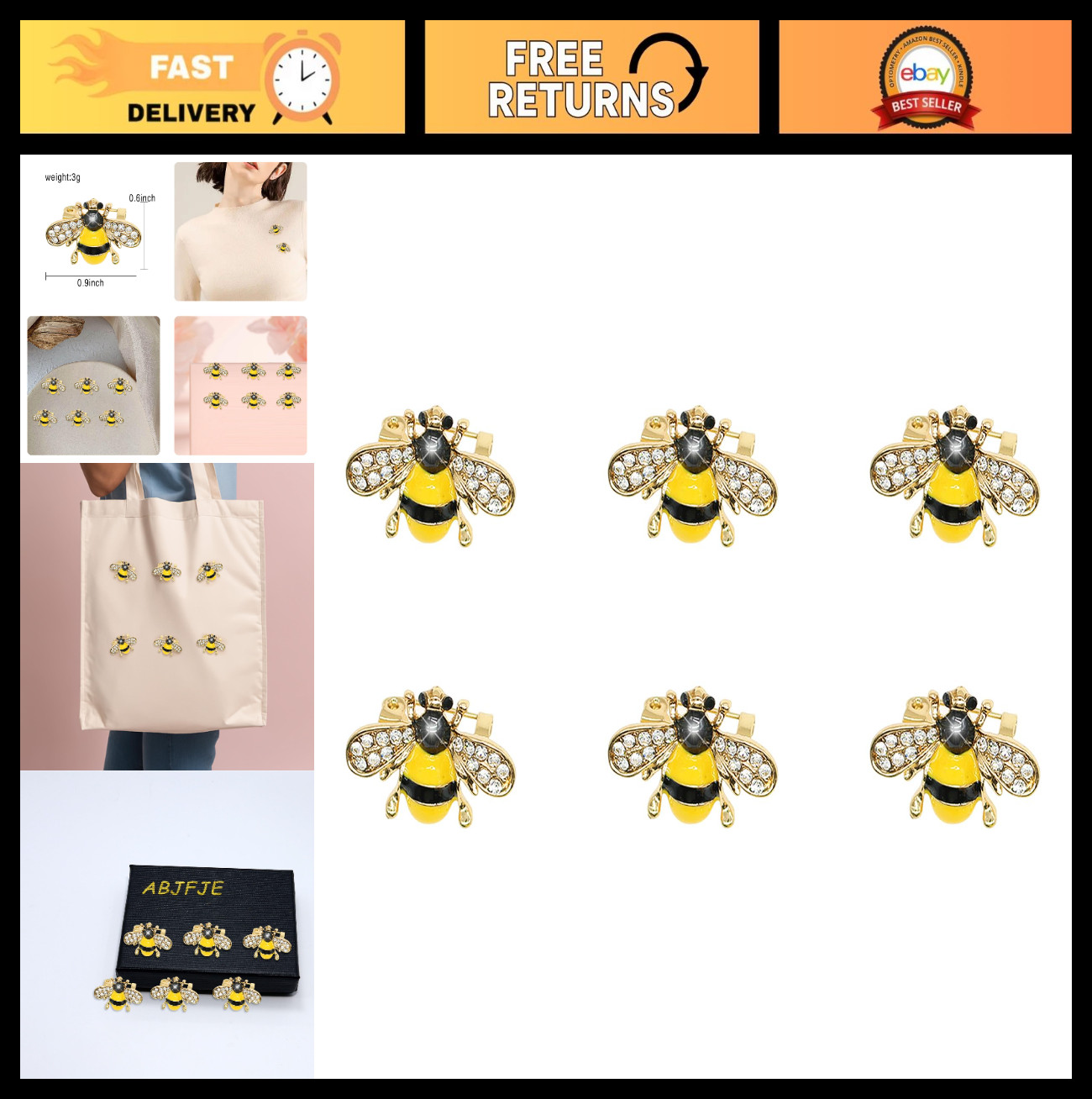 6 Pack Cute Rhinestone Bee Brooches Set – Enamel Crystal Pins for Bags, Jackets,
