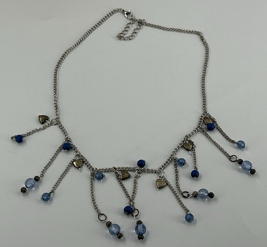 Silver Tone Blue Chandelier Choker Necklace Womens Bib Fringe Hearts Chain 17-19