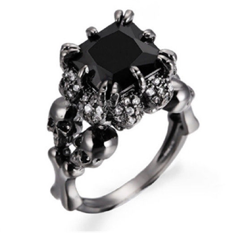 Gothic 4.5 ct Sapphire Black Gold Filled Skull Ring US Size 6 – 11 Free Gift Box