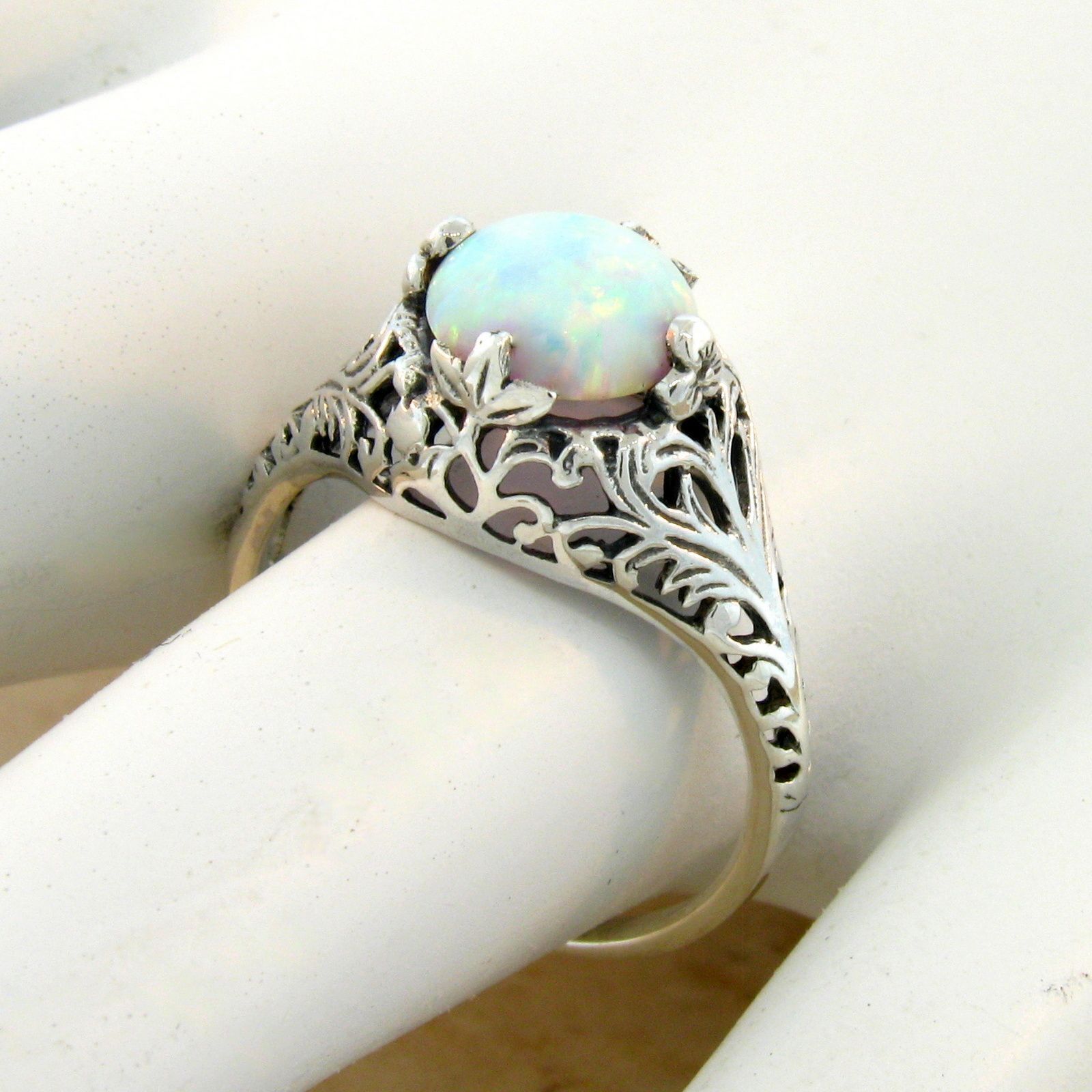 ANTIQUE STYLE 925 STERLING SILVER SOLITAIRE LAB-CREATED OPAL RING #640