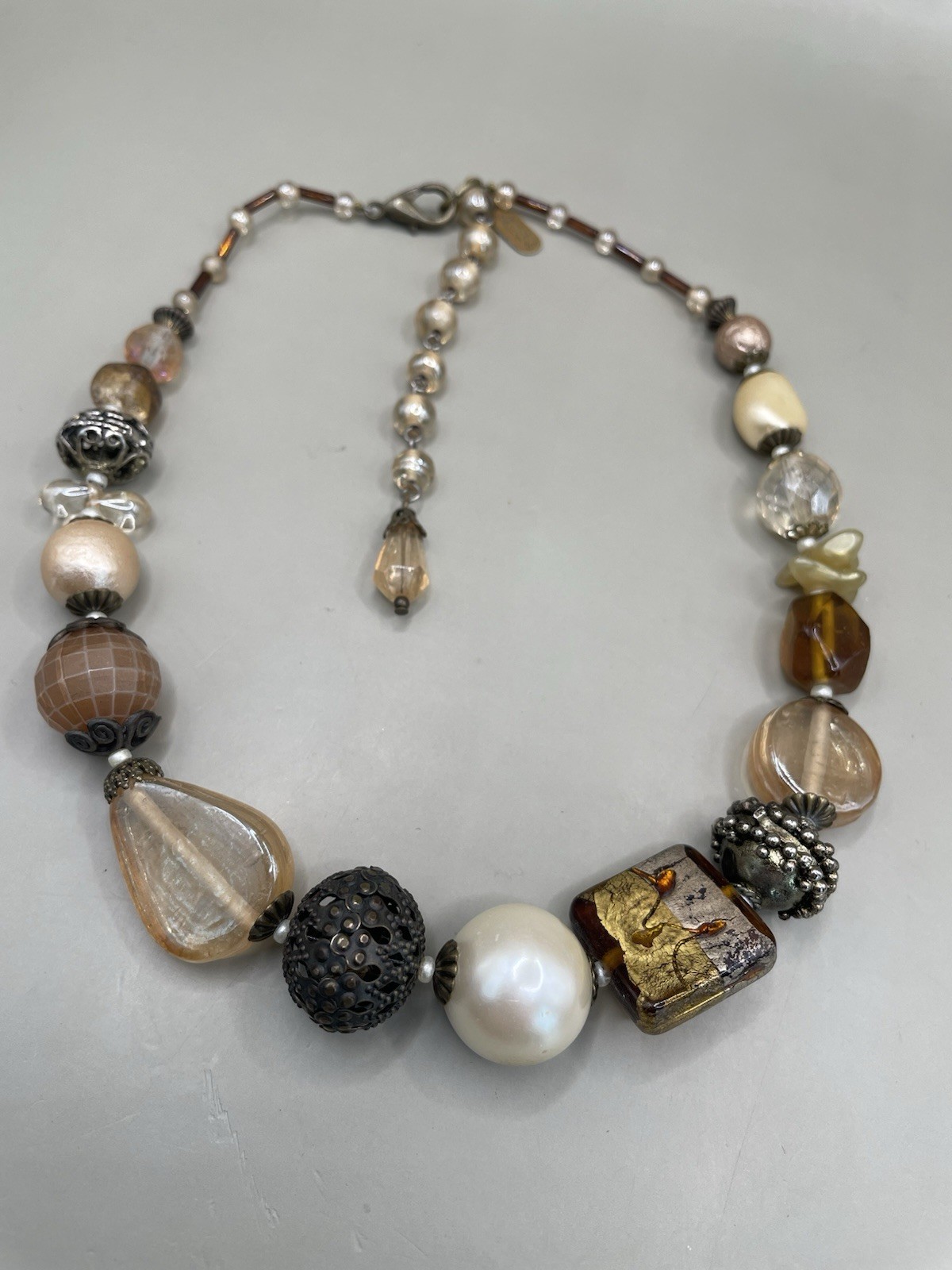 Vintage Signed Treska SilverTone Multicolor Mixed Materials Glass Beads Necklace