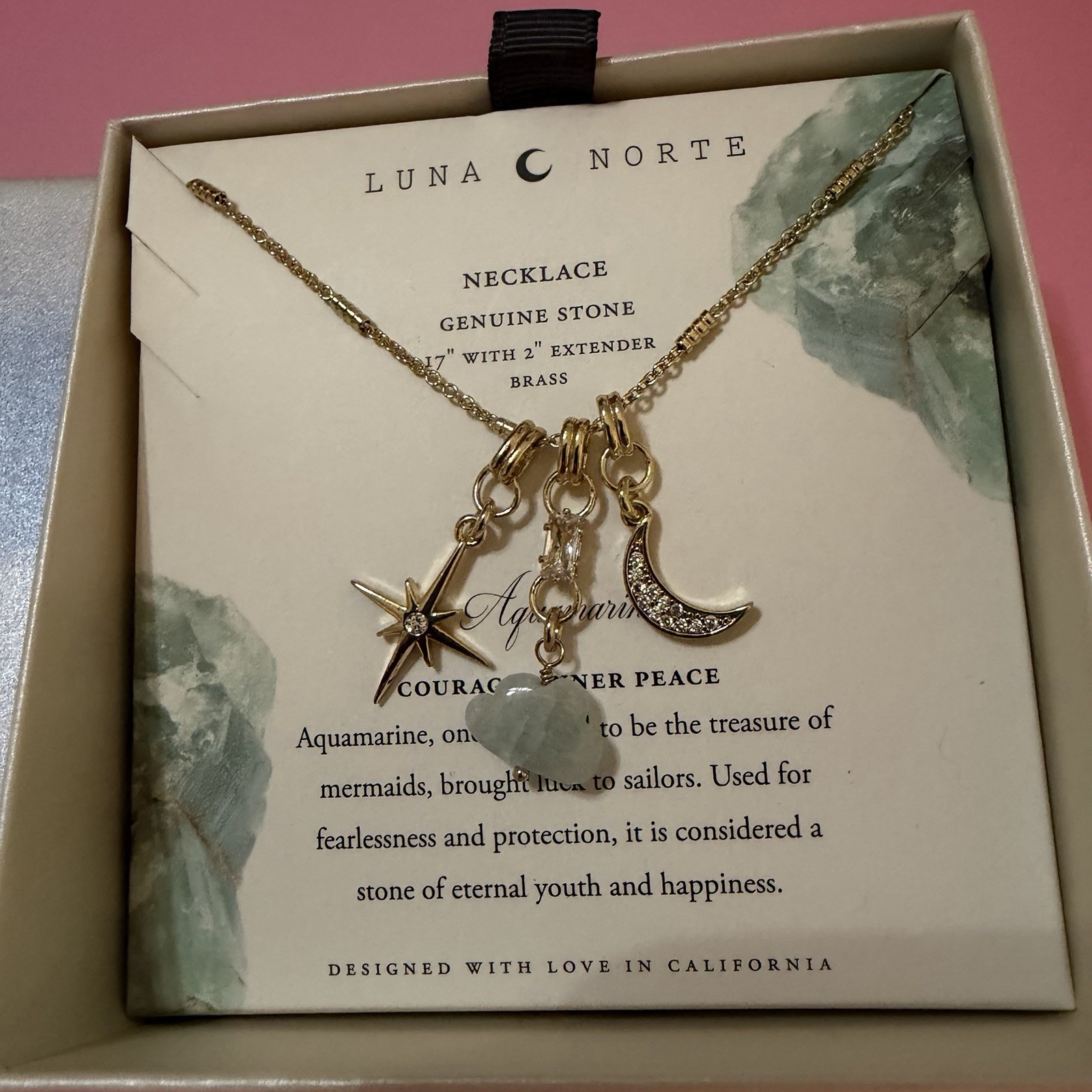 Luna C Norte Necklace Brass Genuine Stone 3 Pendant Star Moon And Aquamarine