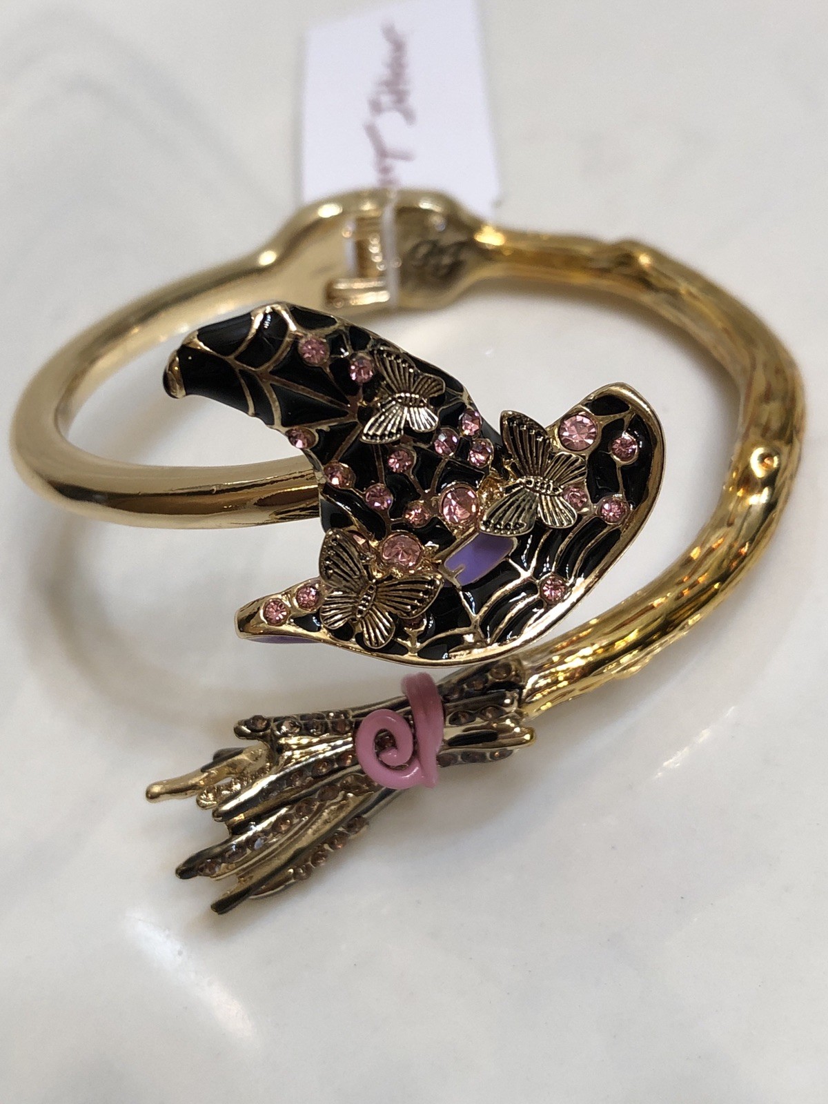 Betsey Johnson Black Witch Hat With Butterflies & Broom Bypass Hinge Bangle NWT