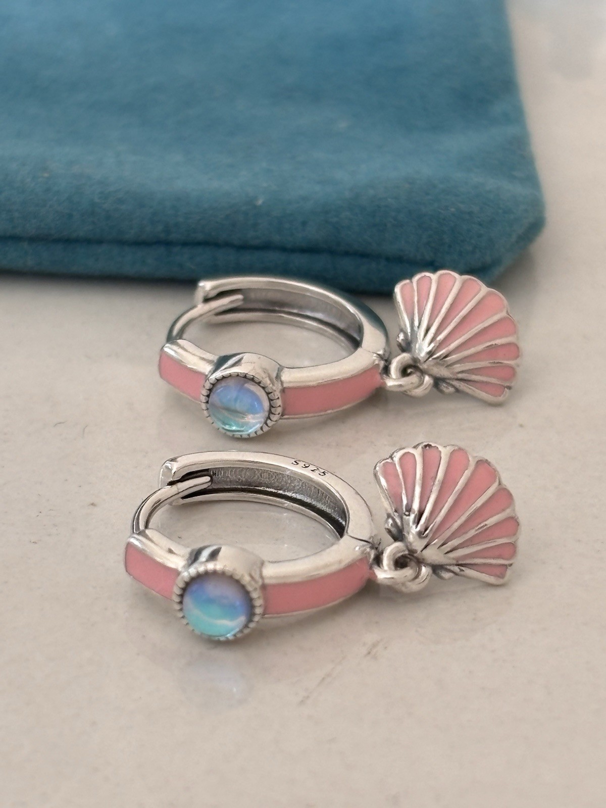 Sterling Silver Hoop Earrings Pink Shell Blue Stone Dangle Beach Gift For Her Uk