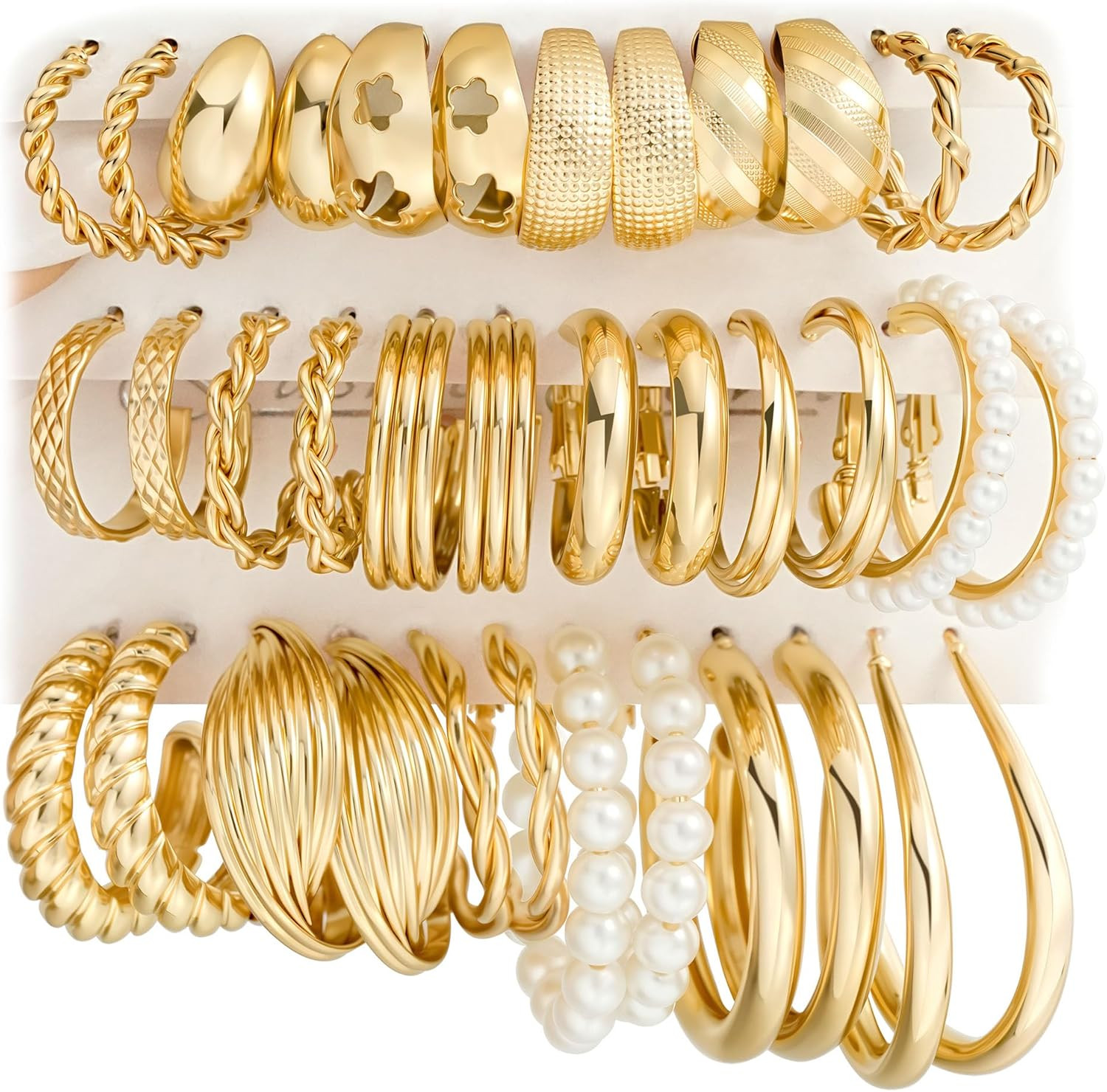 Gold Hoop Earrings Set for Women, 18 Pairs Hypoallergenic Statement Open Pearl H