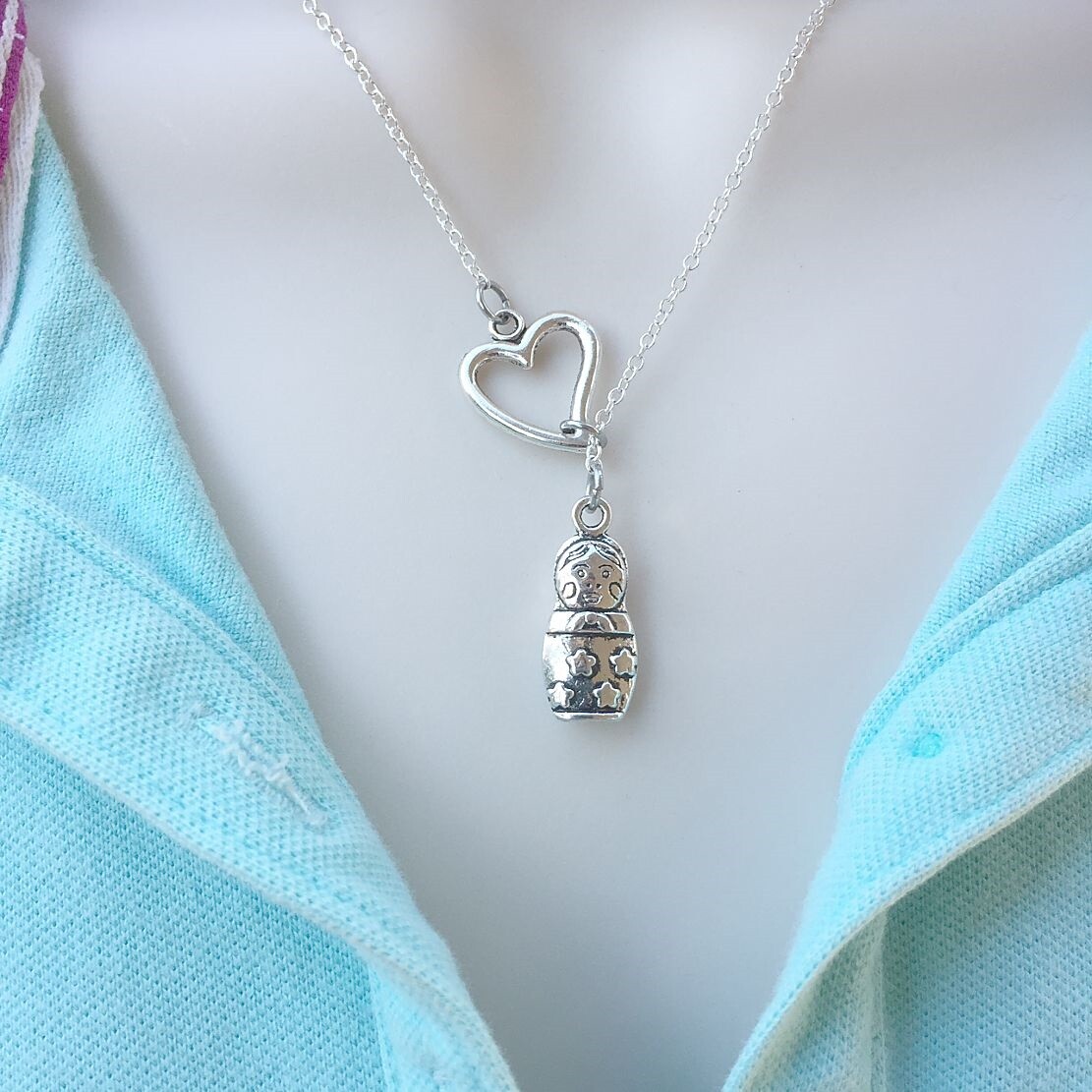 Russian Matryoshka Doll Silver Lariat Y Necklace.
