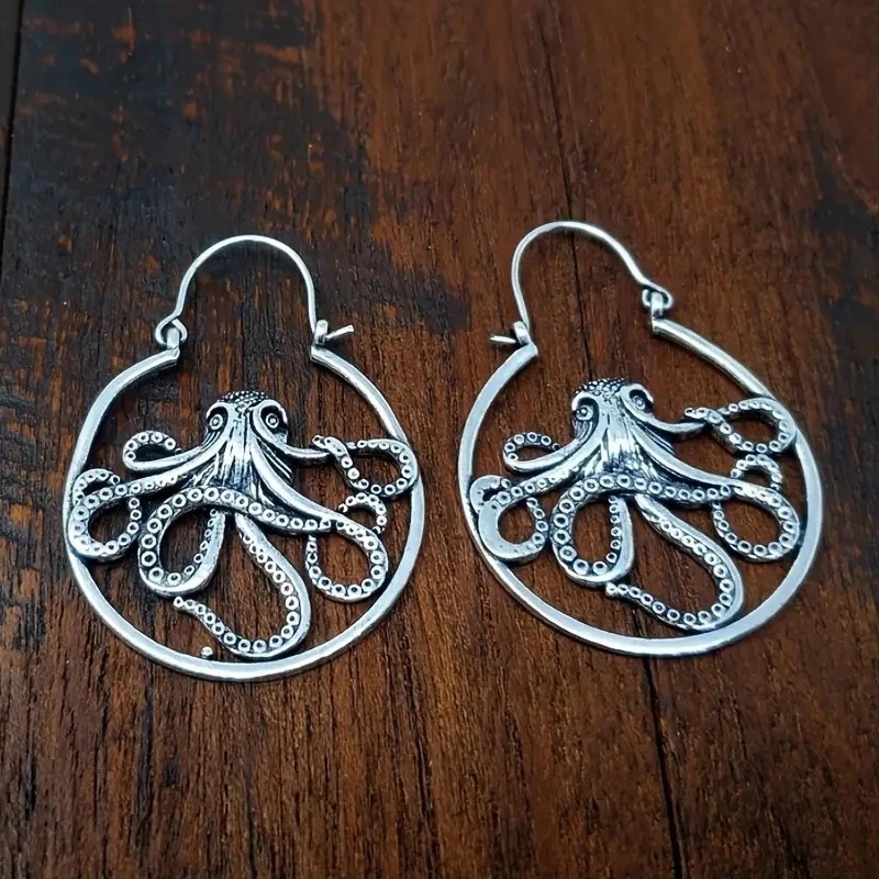 Exaggerated Creative Octopus Design Hoop Earrings for Women Silver Color Jewelry