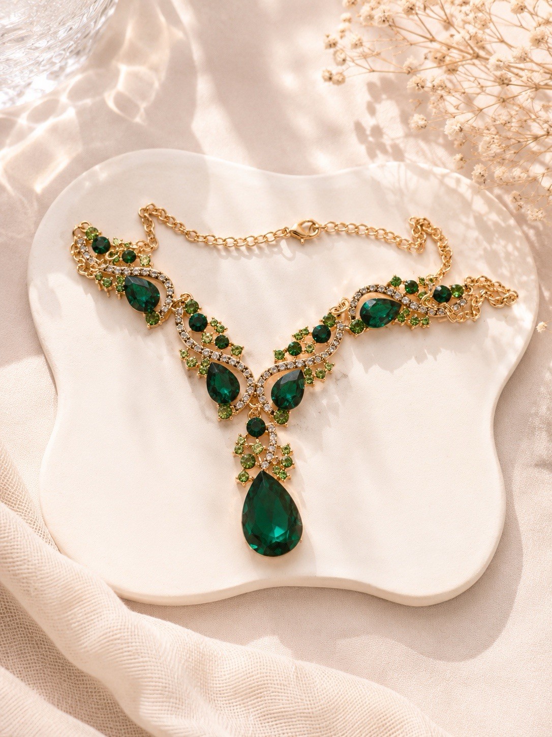 Gold Tone Green Teardrop Crystal Necklace & Drop Earrings Jewelry Set