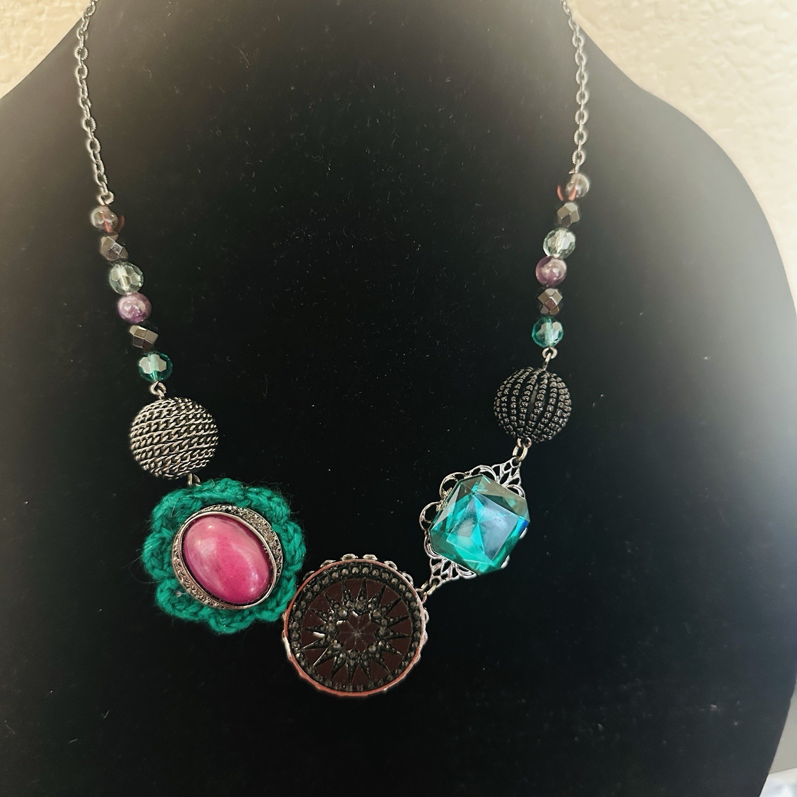 Mixed Media Necklace Purple And Green Crocheted Beaded Chain 21” Adjustable