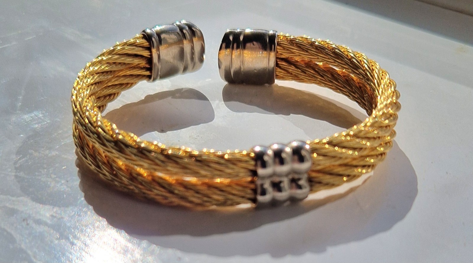 Elegant Gold Braided Wire Cuff Bangle | Silver-Tone Crystal Ends Two-Tone Mode