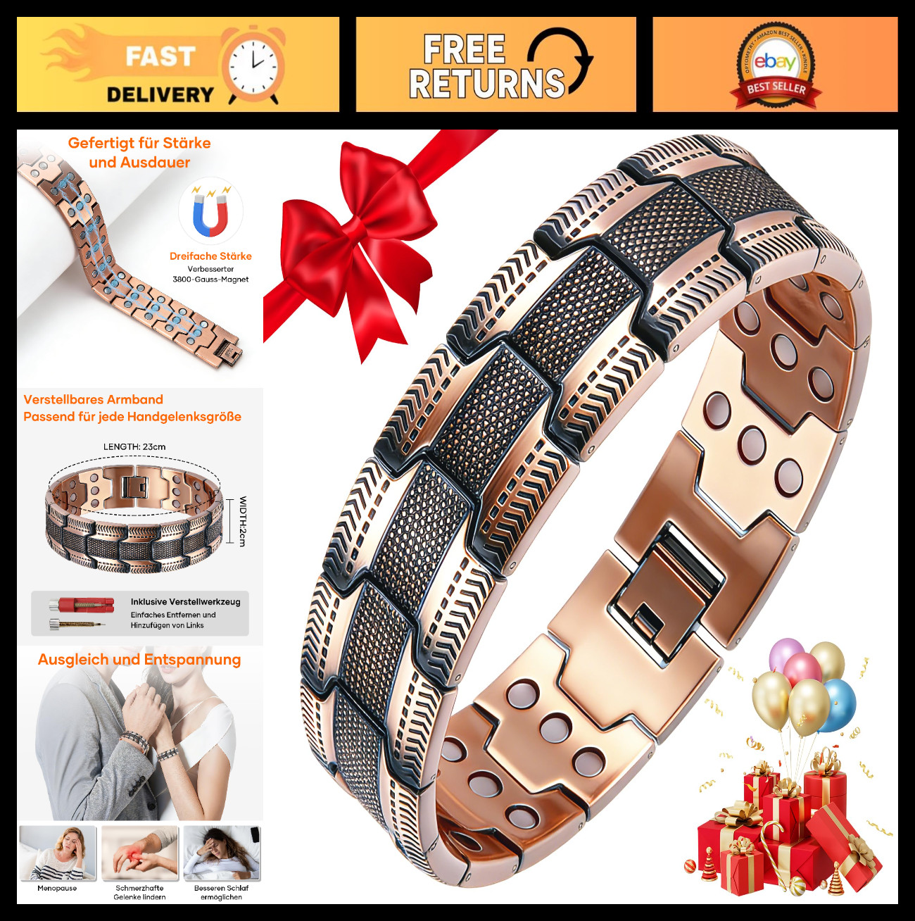 Magnetic Copper Bracelet for Men, Adjustable 3-Row Clasp Jewelry, Gift-Ready