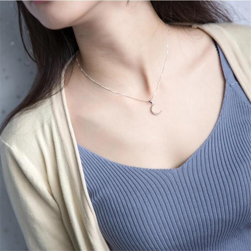 925 Sterling Silver Crescent Moon Pendant Necklace Dainty Clavicle Chain Gift