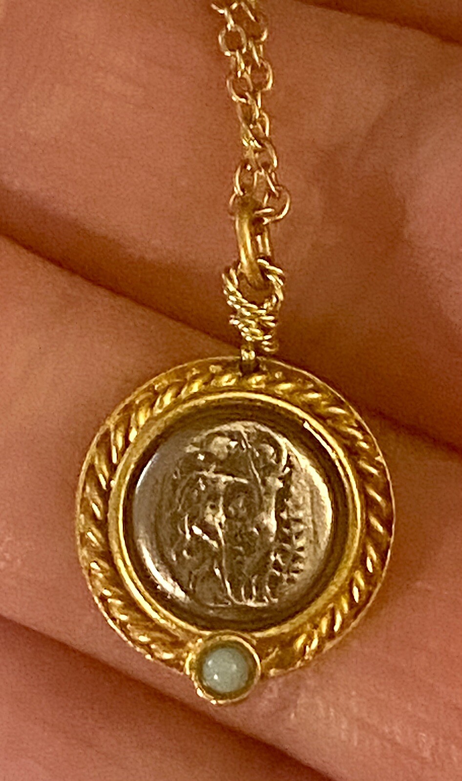 Linda Levinson Designs Coin Necklace Gold W/ Faux Turquoise Accent NWT