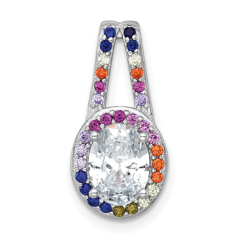 Sterling Silver RH-Plated Polished Multicolor CZ Oval Halo Chain Slide Pendant