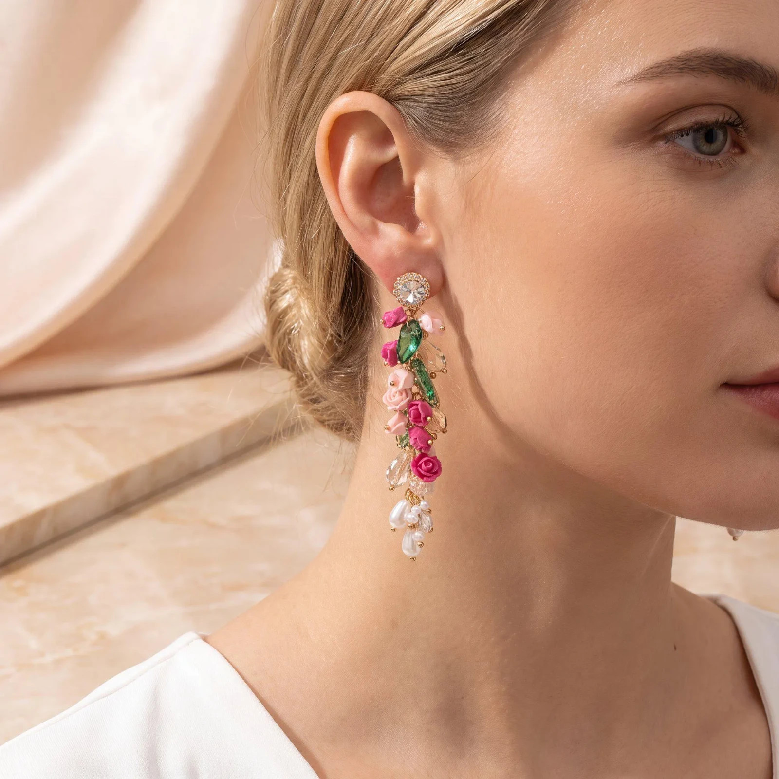 Pink Rose Floral Dangle Earrings Crystal Accent Statement Drop Earrings Women