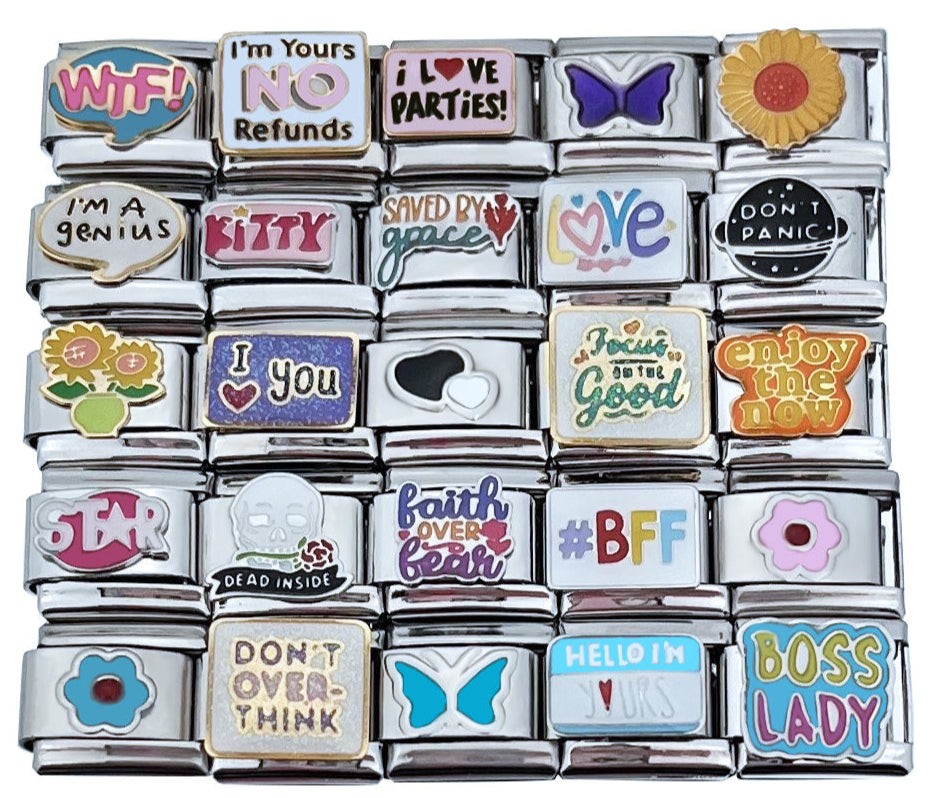 9mm Italian Charms Assorted Words & Sayings Cars Butterfly Flower Glitter Col#18