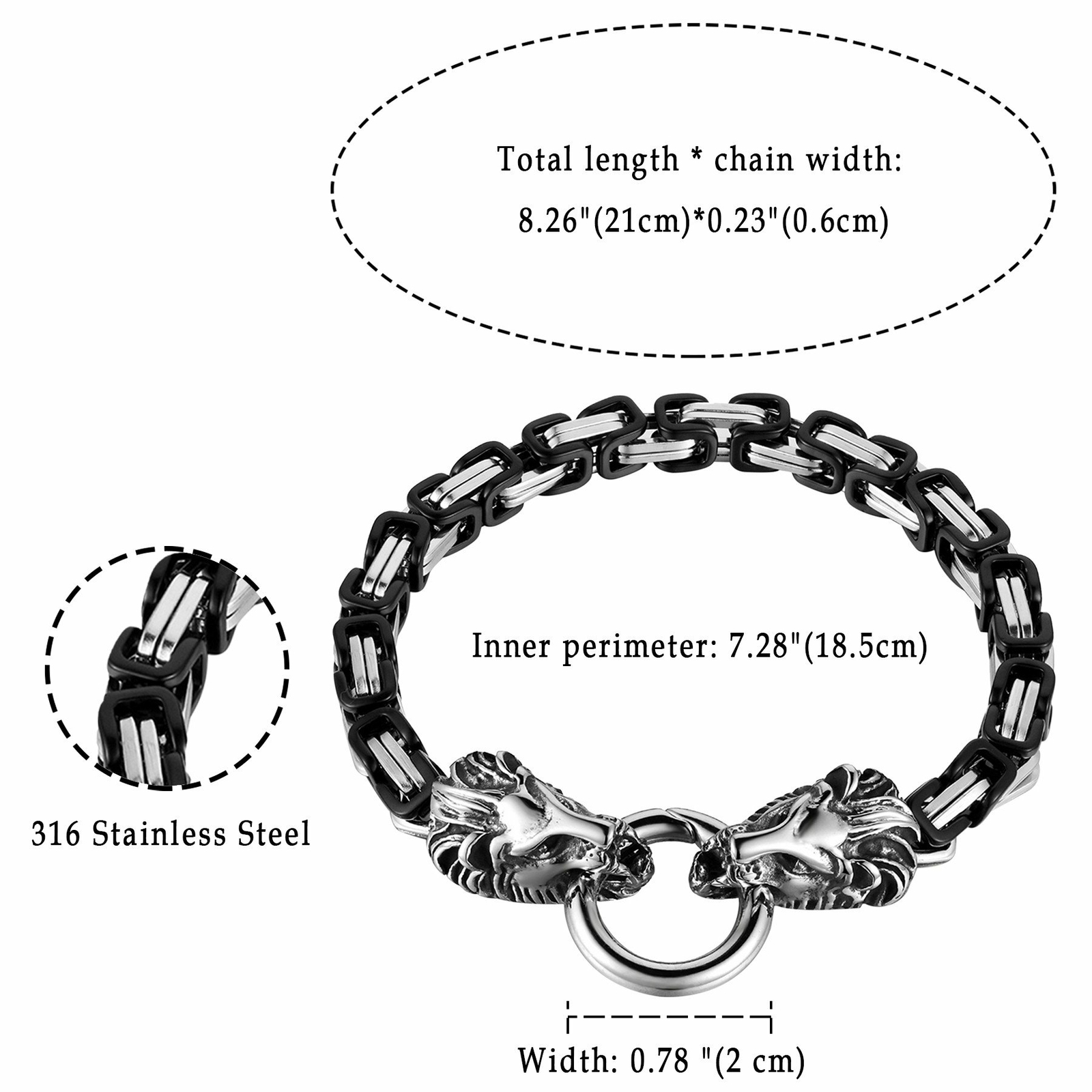 Lion Head Byzantine Box Link Chain Bracelet For Men 316L Stainless Steel Heavy