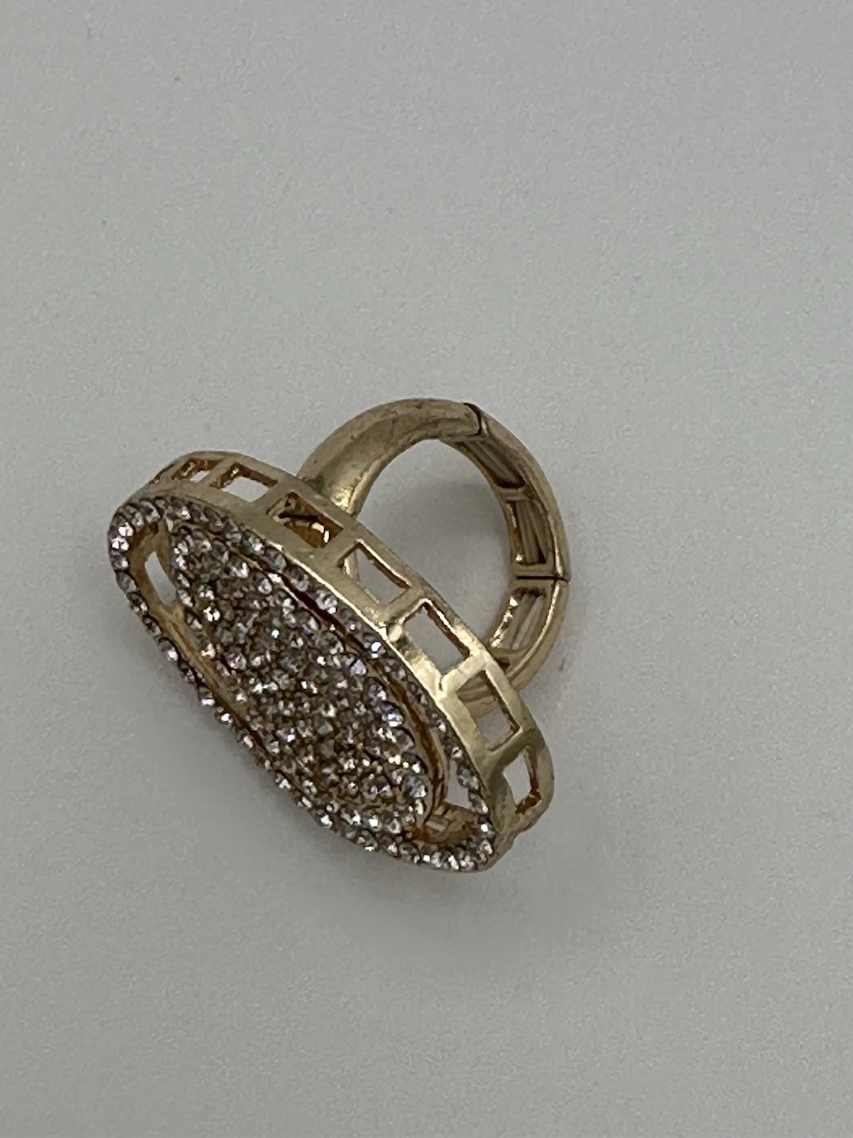 Statement Gold Tone Stretch Cocktail Ring Pave Rhinestones Cluster Oval Bling