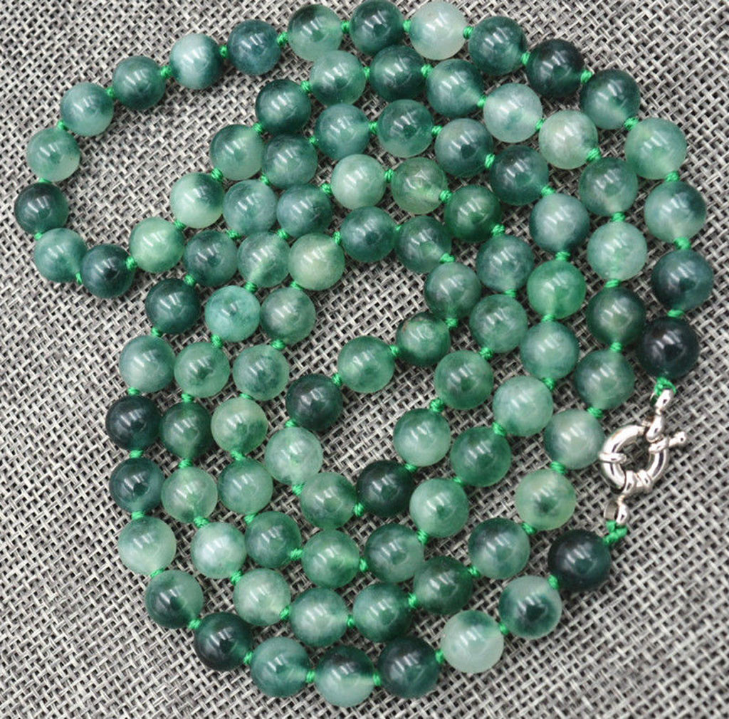 Long 36” Natural 6mm Green Spot Jade Round Gemstone Beads Necklace