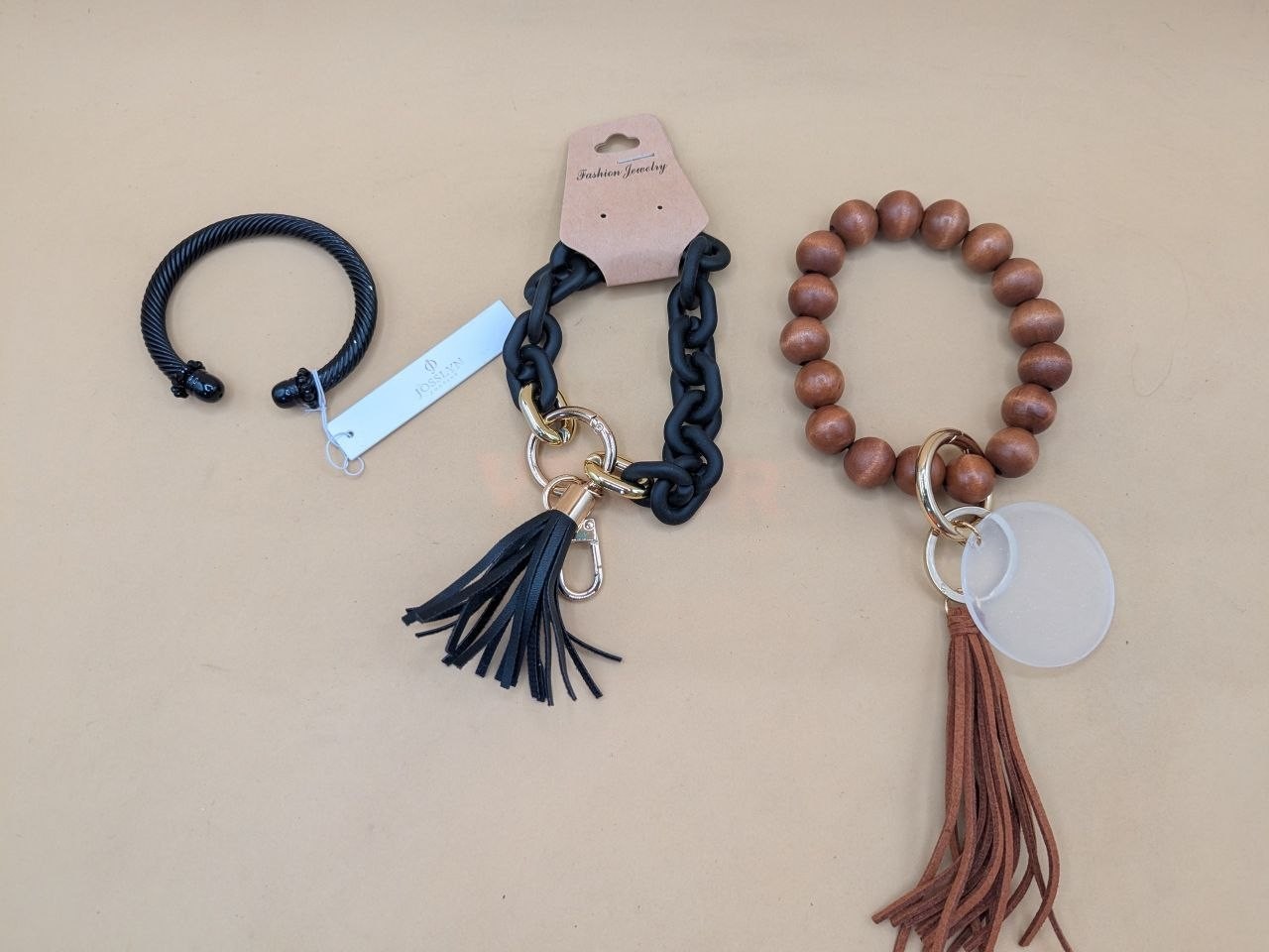 2020s Josslyn Bracelet Keychain Lot Black Cuff Chain Wood Bead Tassel Charm