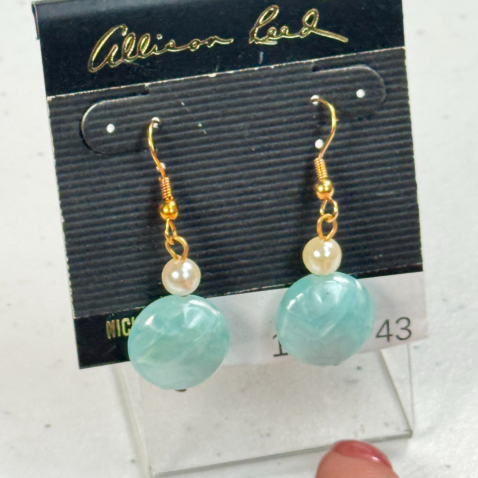 Vintage Pierced Earrings Allison Reed aqua Swirl Bead Faux Pearl Dangle USA